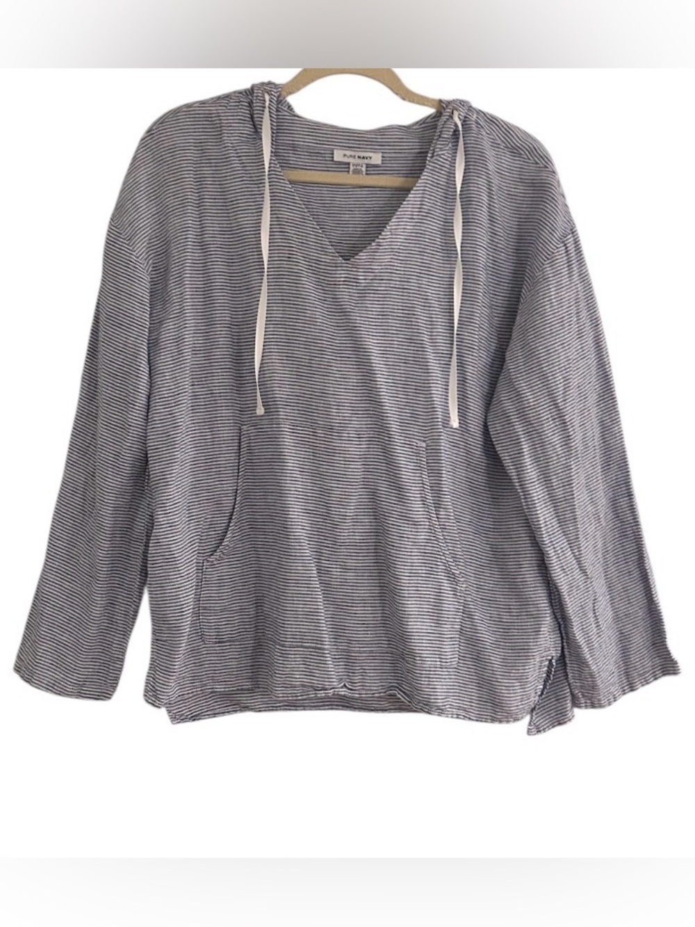 Pure Navy Brand Women's V-neck Pullover Hoodie Large Linen Blue White Stripe